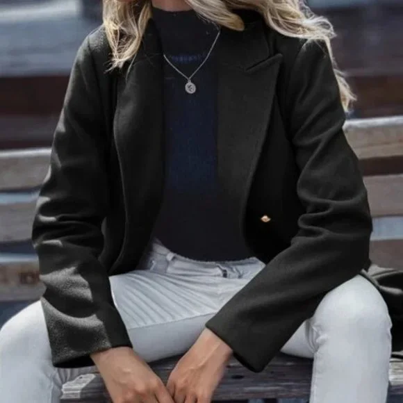 Black Double Breasted Lapel Collar Button Up pocketed Overcoat - Picture 8 of 9